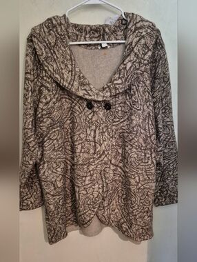 Pure Jill Curved Front Print Cardigan Sz.2X NWT  Cream& Brown